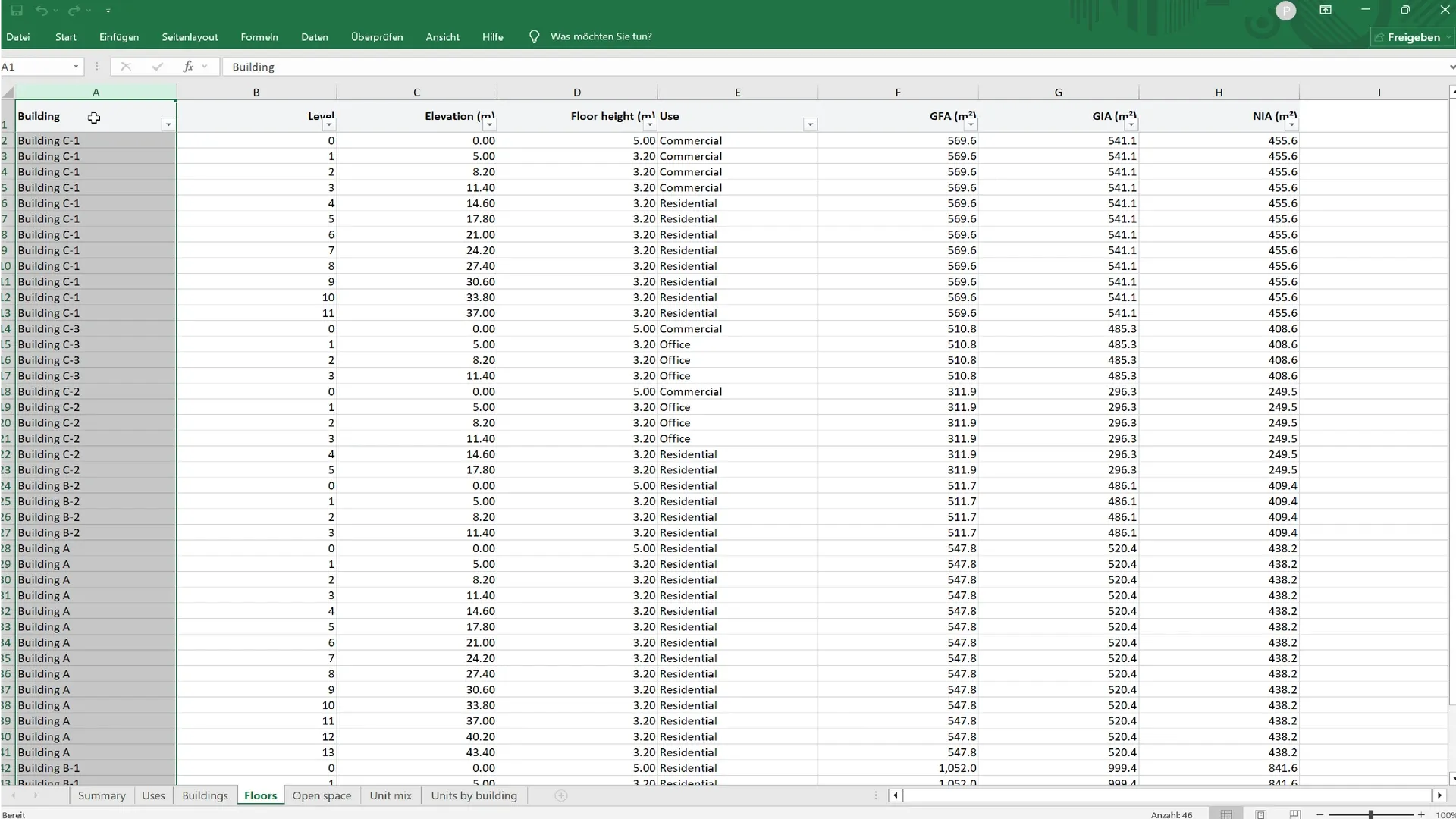 The exported area schedule workbook, open on its floors sheet.