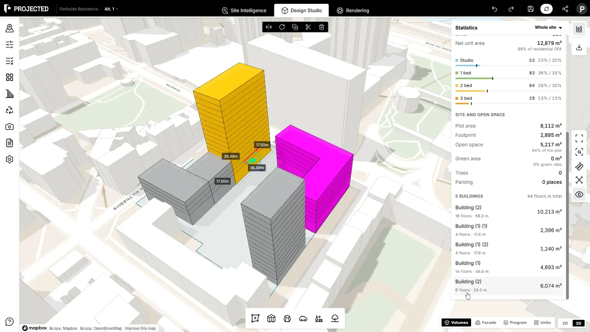 L'éditeur dans Design Studio : un site avec parcelles, bâtiments et le panneau Statistiques.