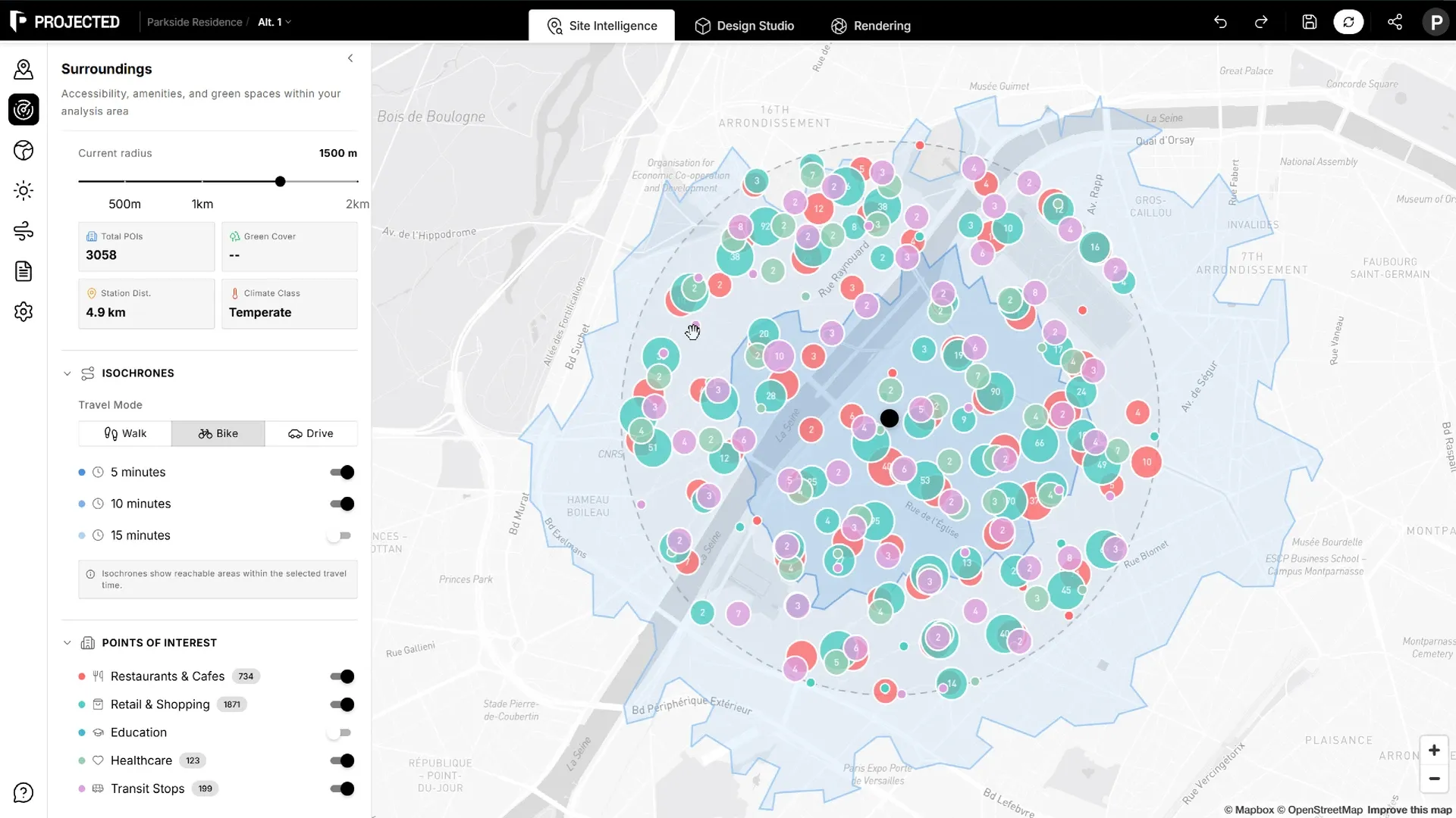 L'espace Site Intelligence : la carte avec le rayon d'analyse et le panneau Environnement ouvert.