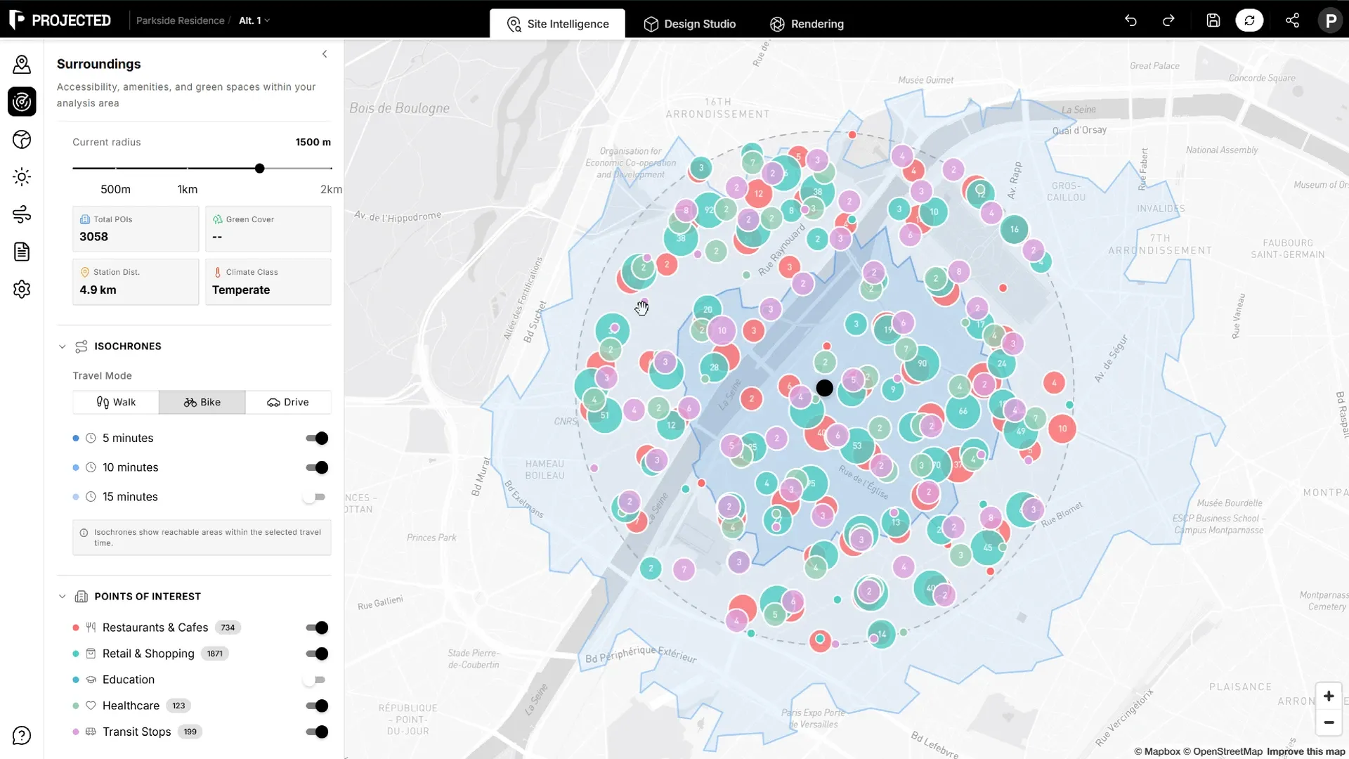 Le panneau Environnement avec les indicateurs de synthèse, les points d'intérêt et les isochrones sur la carte.