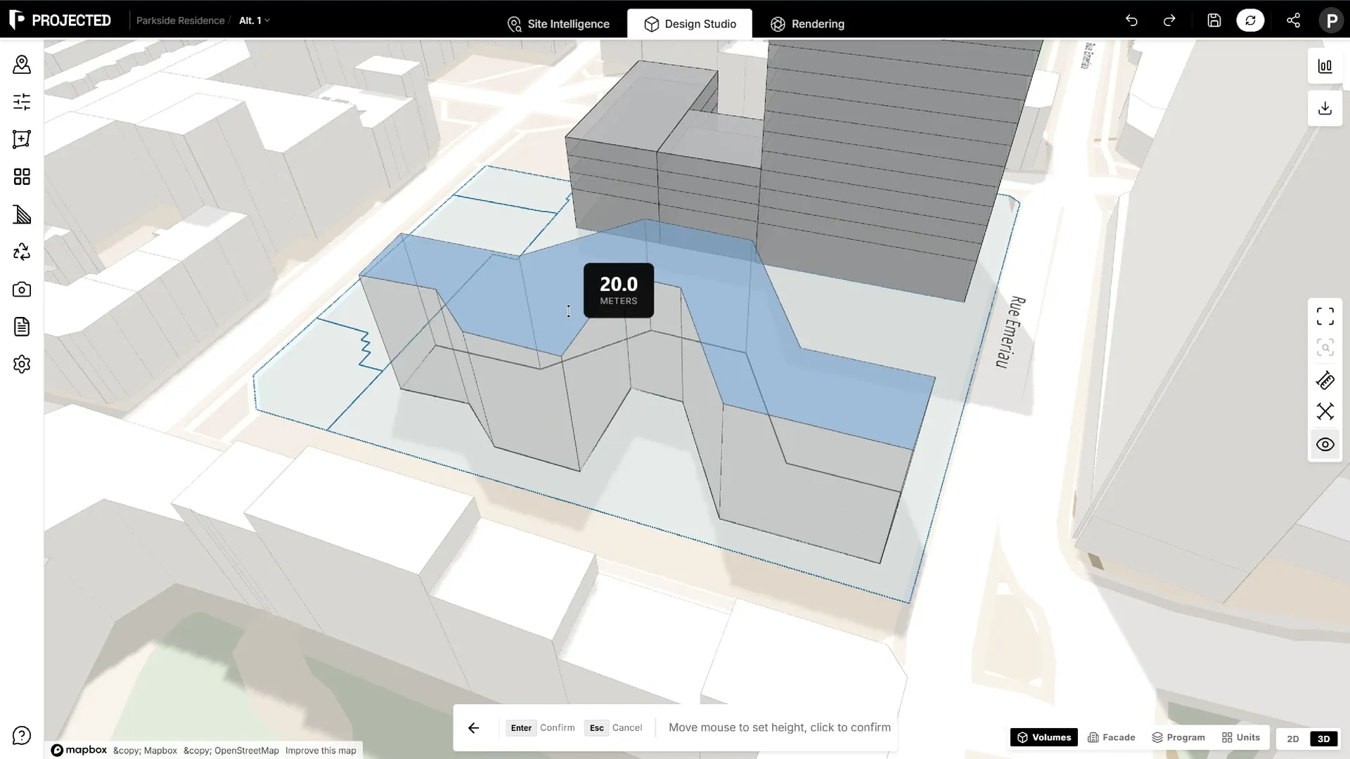 A volume being extruded, with the Add Volume toolbar.