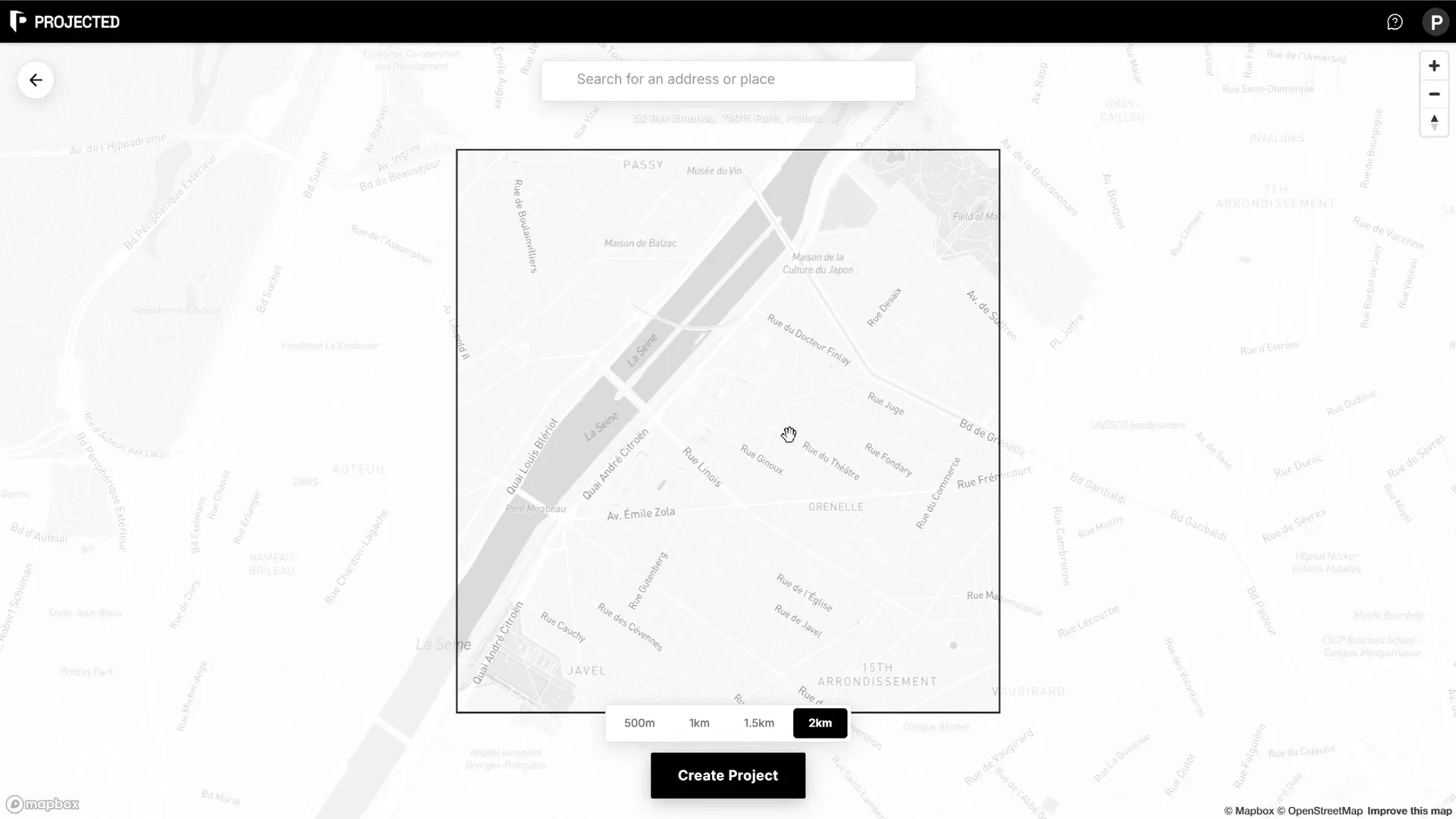 L'étape Localisation du nouveau projet : recherche d'adresse, repère sur la carte et choix de la zone de contexte.
